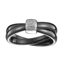 Bague Femme Double Anneau ARGENT 925/1000 Céramique Noire et Diamant