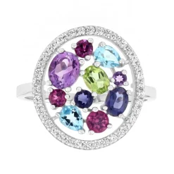 bague femme EDORA or 375/1000 blanc, améthystes, topazes et péridot
