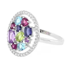 bague femme EDORA or 375/1000 blanc, améthystes, topazes et péridot