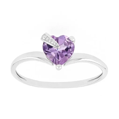 Bague Femme Solitaire Coeur OR 375/1000 Blanc et Améthyste