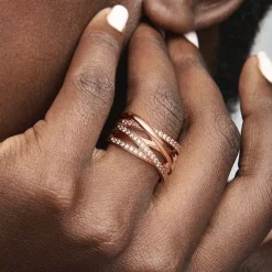 Bague Femme Taille 58 PANDORA SCINTILLANTE & LIGNES POLIES Doré Rose 14 Carats