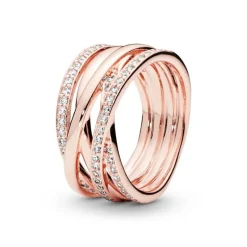 Bague Femme Taille 58 PANDORA SCINTILLANTE & LIGNES POLIES Doré Rose 14 Carats