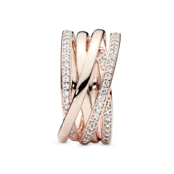 Bague Femme Taille 58 PANDORA SCINTILLANTE & LIGNES POLIES Doré Rose 14 Carats