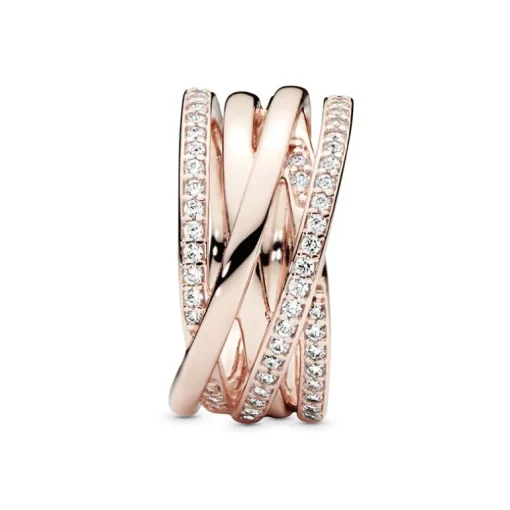 Bague Femme Taille 58 PANDORA SCINTILLANTE & LIGNES POLIES Doré Rose 14 Carats