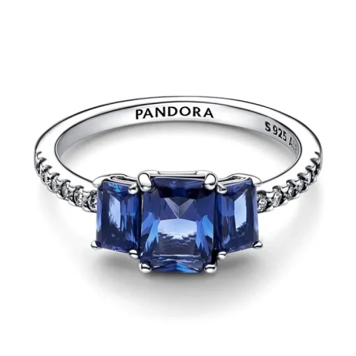 Bague Femme Taille 50 PANDORA SCINTILLANTE TRIO DE PIERRES RECTANGULAIRES BLEUES Argent 925/1000