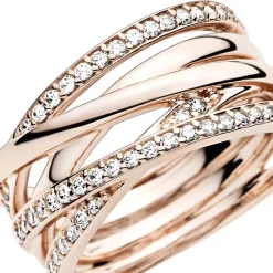 Bague Femme Taille 58 PANDORA SCINTILLANTE & LIGNES POLIES Doré Rose 14 Carats