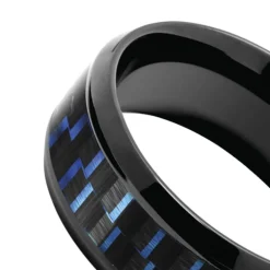Bague homme Mercury ROCHET acier noir et carbone fil bleu taille 60