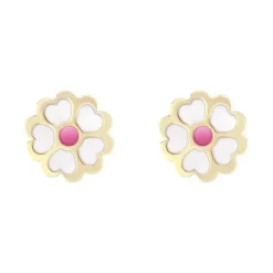 Boucles d'Oreilles Enfant Puces Fleurs OR 750/1000 Jaune et Laque