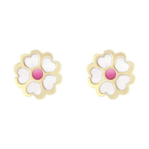Boucles d'Oreilles Enfant Puces Fleurs OR 750/1000 Jaune et Laque