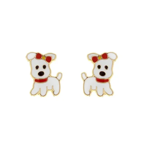 Boucles d'Oreilles Enfant Puces Petits Chiens OR 750/1000 Jaune et Laque