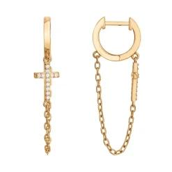 Boucles d'Oreilles Femme Créoles Croix PLAQUE OR Jaune et Oxydes