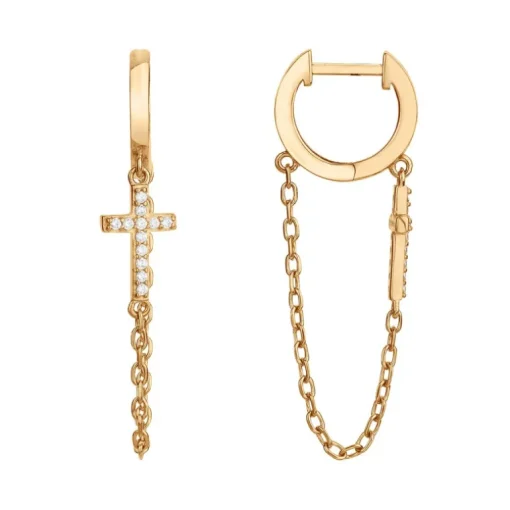 Boucles d'Oreilles Femme Créoles Croix PLAQUE OR Jaune et Oxydes