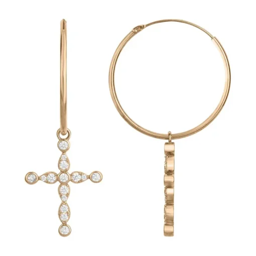 Boucles d'Oreilles Femme Créoles Croix PLAQUE OR Jaune et Oxydes