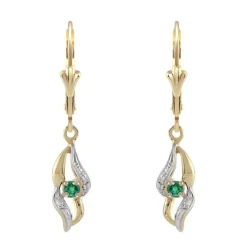 Boucles d'Oreilles Femme Dormeuses OR 750/1000 Bicolore et Emeraudes