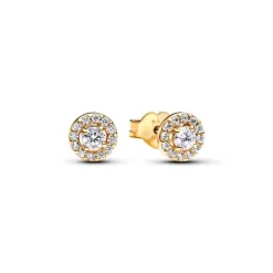 Boucles d'Oreilles Femme Puces Pandora Dorées Halo Pavé Rond 263019C01