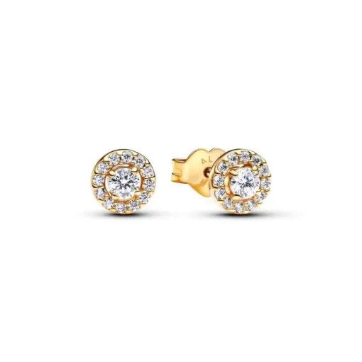Boucles d'Oreilles Femme Puces Pandora Dorées Halo Pavé Rond 263019C01