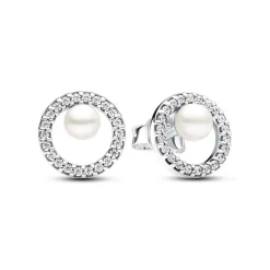 Boucles d'Oreilles Femme Puces Pandora ARGENT 925/1000 Perle de Culture d'Eau Douce Traitée & Halo Pavé 293154C01