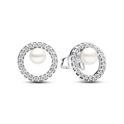 Boucles d'Oreilles Femme Puces Pandora ARGENT 925/1000 Perle de Culture d'Eau Douce Traitée & Halo Pavé 293154C01