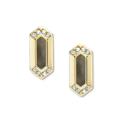 boucles d'oreilles femme puces FOSSIL Val Black and Gold acier doré, nacres et oxydes