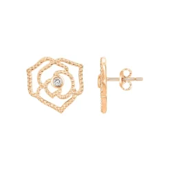 Boucles d'Oreilles Femme Puces Rose Perlée La Garçonne PLAQUE OR et Diamants
