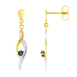 Boucles d'Oreilles Femme Pendantes OR 750/1000 Bicolore et Saphirs