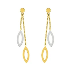 Boucles d'Oreilles Femme Pendantes Feuilles OR 375/1000 Bicolore