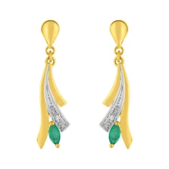 Boucles d'Oreilles Femme Pendantes OR 375/1000 Bicolore et Emeraudes