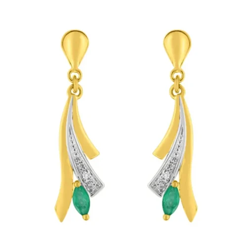 Boucles d'Oreilles Femme Pendantes OR 375/1000 Bicolore et Emeraudes