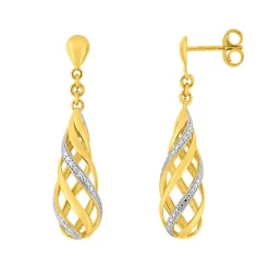 Boucles d'Oreilles Femme Pendantes OR 375/1000 Bicolore et Diamants