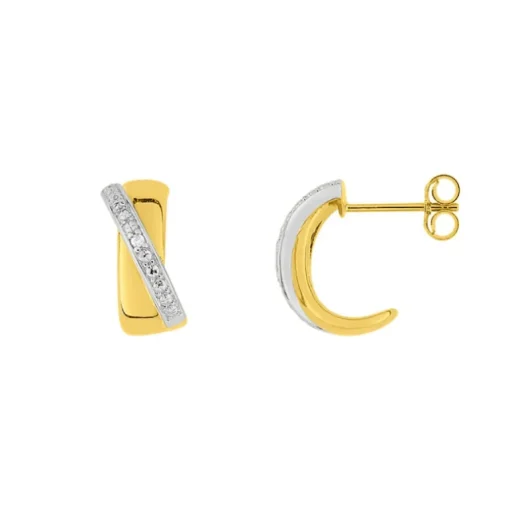 Boucles d'Oreilles Femme Puce OR 375/1000 Bicolore et Diamants