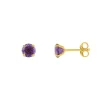 Boucles d'Oreilles Femme Puces OR 375/1000 Jaune et Améthyste