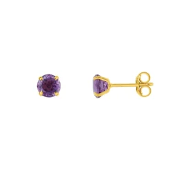 Boucles d'Oreilles Femme Puces OR 375/1000 Jaune et Améthyste