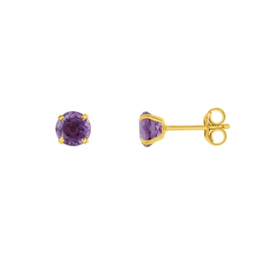 Boucles d'Oreilles Femme Puces OR 375/1000 Jaune et Améthyste