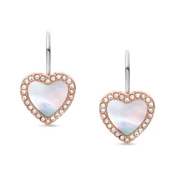 Boucles d'Oreilles Femme Pendantes Coeur FOSSIL ACIER Doré Rose et Nacre