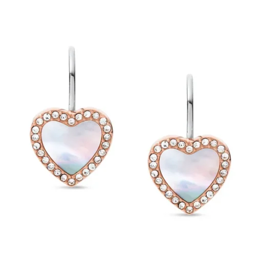 Boucles d'Oreilles Femme Pendantes Coeur FOSSIL ACIER Doré Rose et Nacre