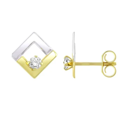 Boucles d'Oreilles Femme Puces OR 375/1000 Bicolore et Oxydes