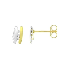 Boucles d'Oreilles Femme Puces trilogie OR 750/1000 Bicolore et Diamants