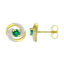Boucles d'Oreilles Femme Puces OR 375/1000 Bicolore et Emeraudes