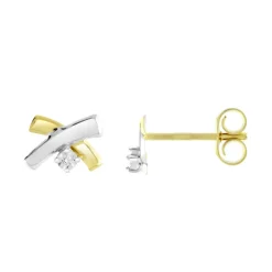 Boucles d'Oreilles Femme Puces OR 375/1000 Bicolore et Diamants