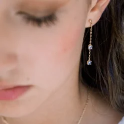 Boucles d'oreilles femme pendantes PLAQUE OR et spinelles bleues