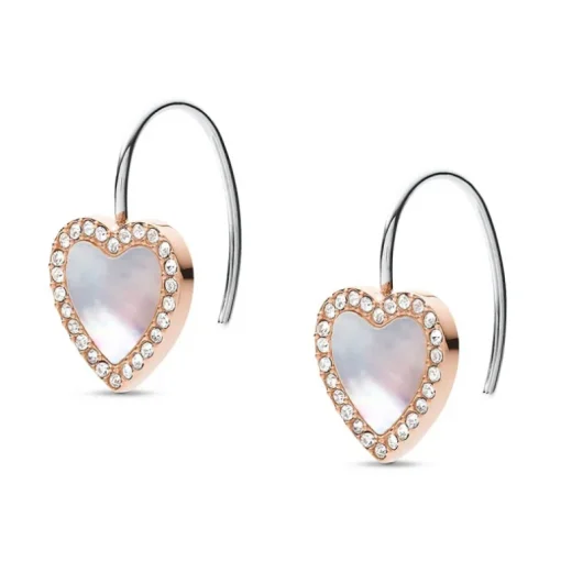 Boucles d'Oreilles Femme Pendantes Coeur FOSSIL ACIER Doré Rose et Nacre