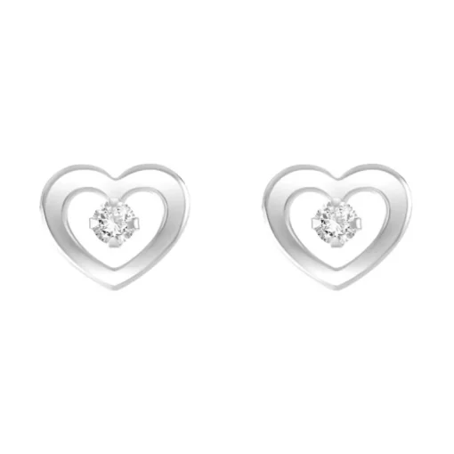 Boucles d'Oreilles Femme Puces Coeurs OR 375/1000 Blanc et Oxydes