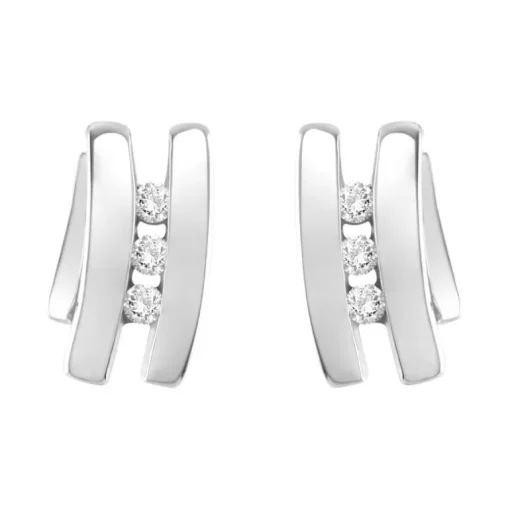 Boucles d'Oreilles Femme Puces trilogie OR 750/1000 Blanc et Diamants