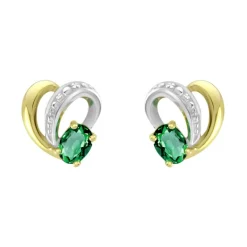 Boucles d'Oreilles Femme Puces OR 375/1000 Bicolore et Emeraudes