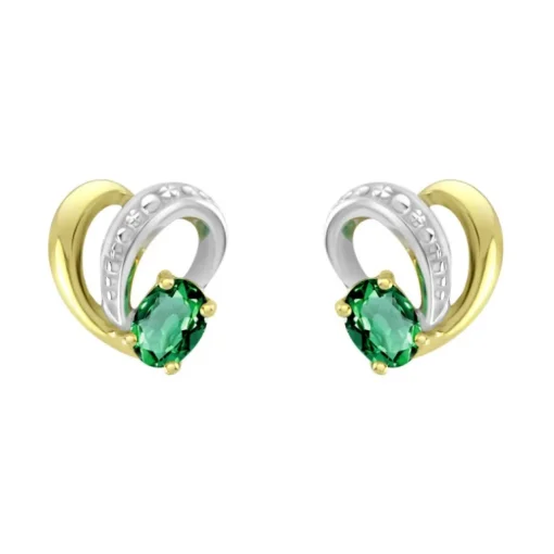 Boucles d'Oreilles Femme Puces OR 375/1000 Bicolore et Emeraudes