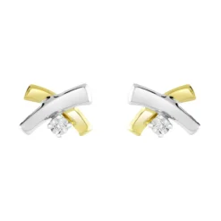 Boucles d'Oreilles Femme Puces OR 375/1000 Bicolore et Diamants