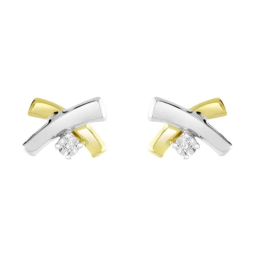 Boucles d'Oreilles Femme Puces OR 375/1000 Bicolore et Diamants