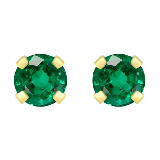 Boucles d'Oreilles Femme Puces OR 375/1000 Jaune et Emeraude