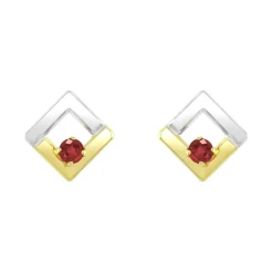 Boucles d'Oreilles Femme Puces OR 375/1000 Bicolore et Rubis