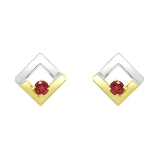 Boucles d'Oreilles Femme Puces OR 375/1000 Bicolore et Rubis